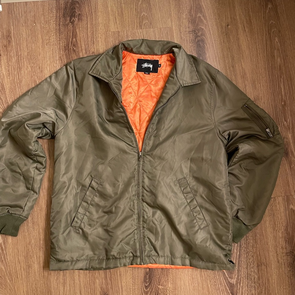 Stussy Olive Green Bomber Jacket with Orange Lining